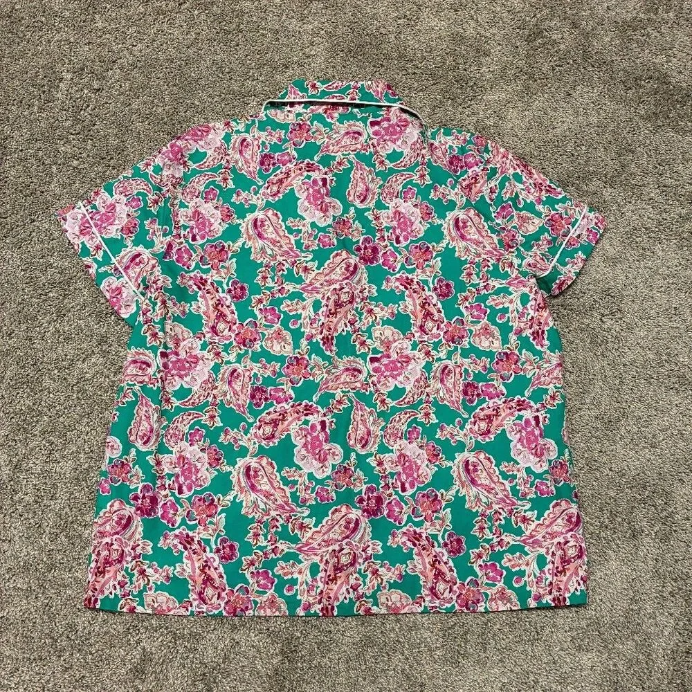 J.Crew Womens L Pajama Top Short Sleeve 100% Cotton Pink Paisley White Trim NWT